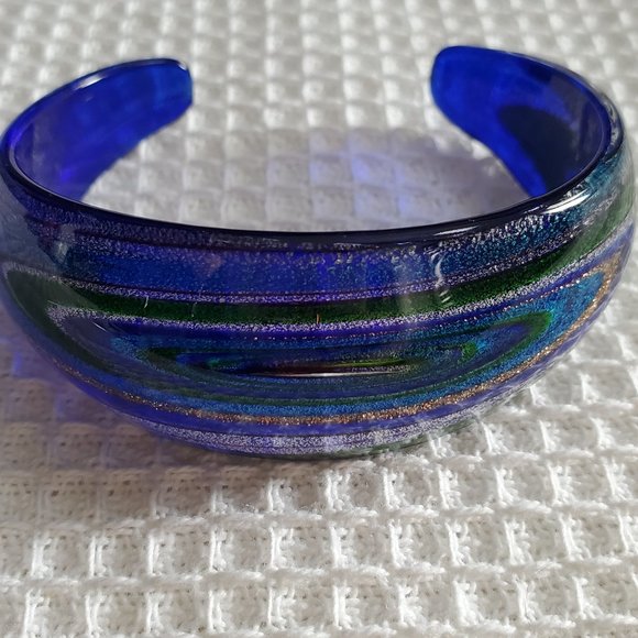 Murano Style Venetian Art Glass Cuff Bracelet Cobalt Blue Metallic Galaxy Swirl - Picture 2 of 6